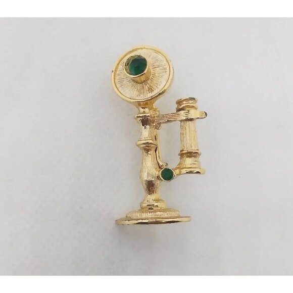 Vintage Gold-Toned Old Fashioned Rotary Telephone Brooch With Green Rhinestones - Picture 3 of 11